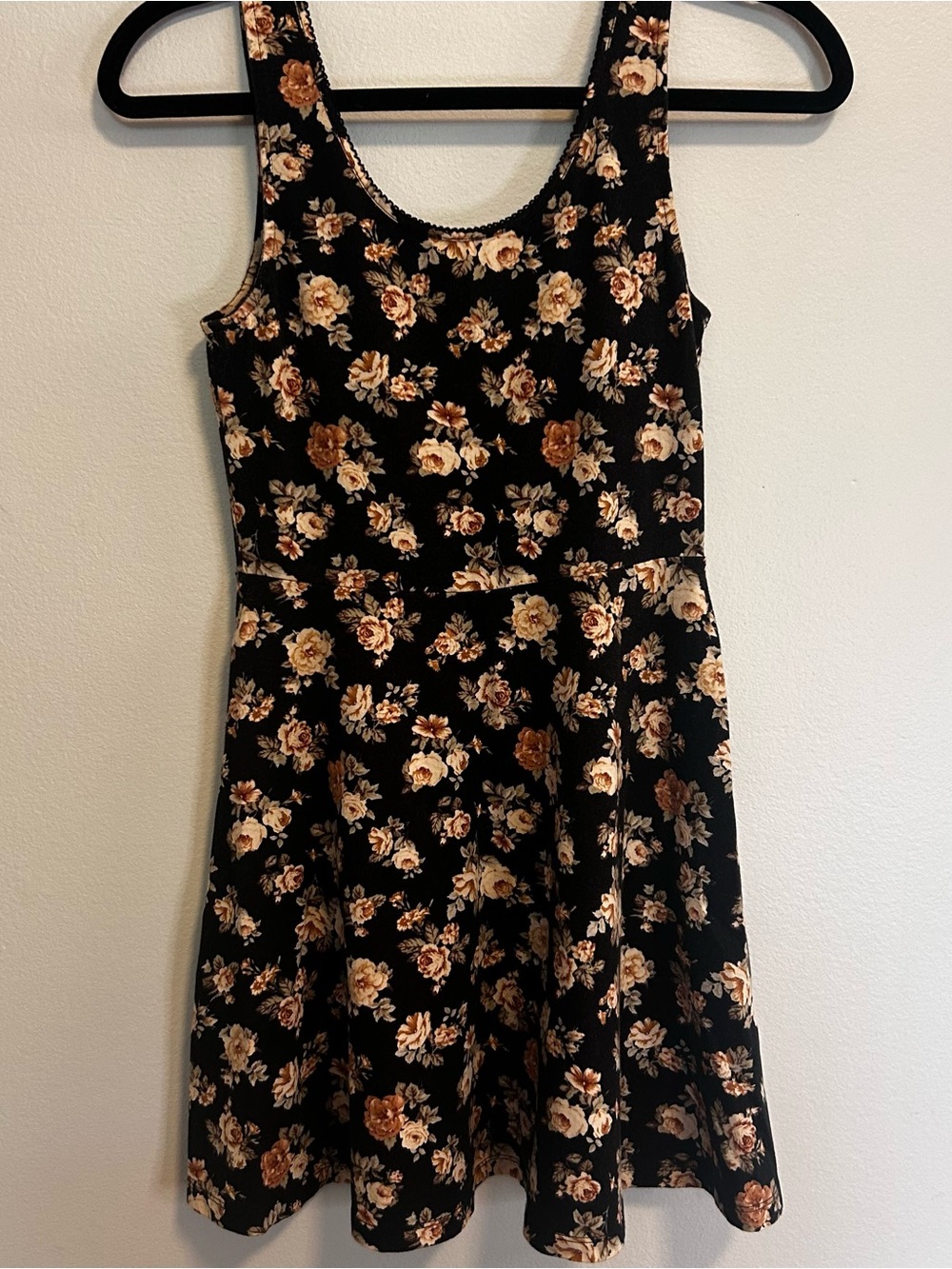 Forever 21 Black Floral Skater Dress with Cream & Tan Roses